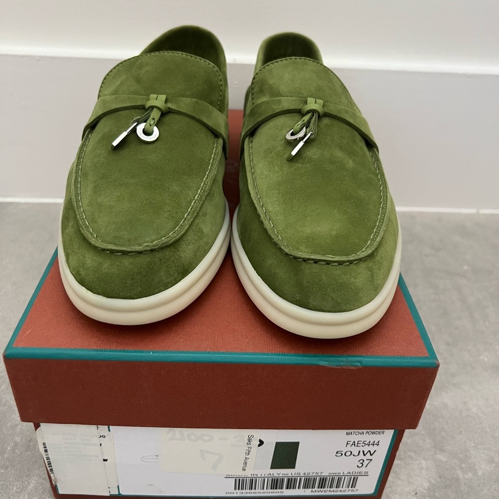 Loro Piana Green Suede Loafers with Metallic Details